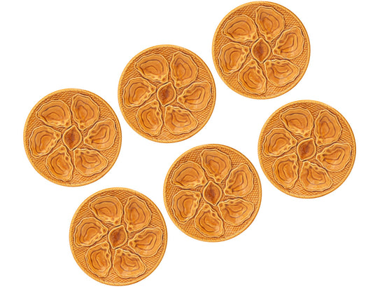 Midcentury French Majolica Amber Oyster Plates, Set of 6