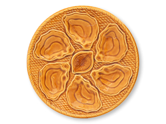Midcentury French Majolica Amber Oyster Plates, Set of 6