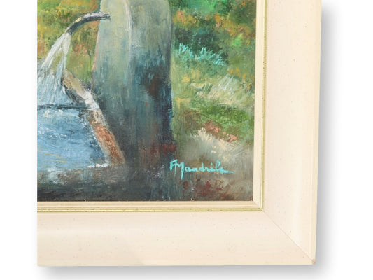 Vintage French Village Fountain Oil Painting