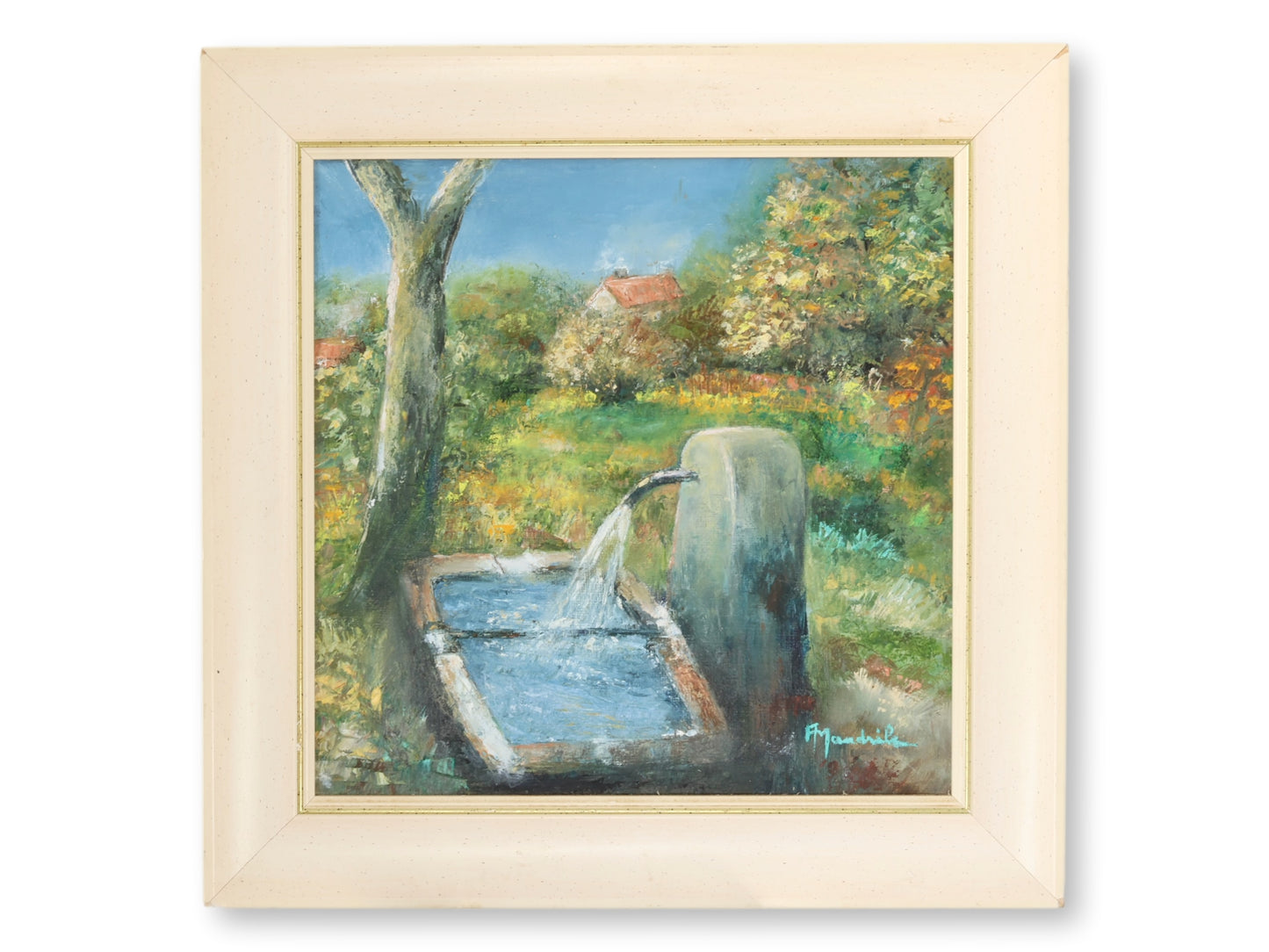 Vintage French Village Fountain Oil Painting