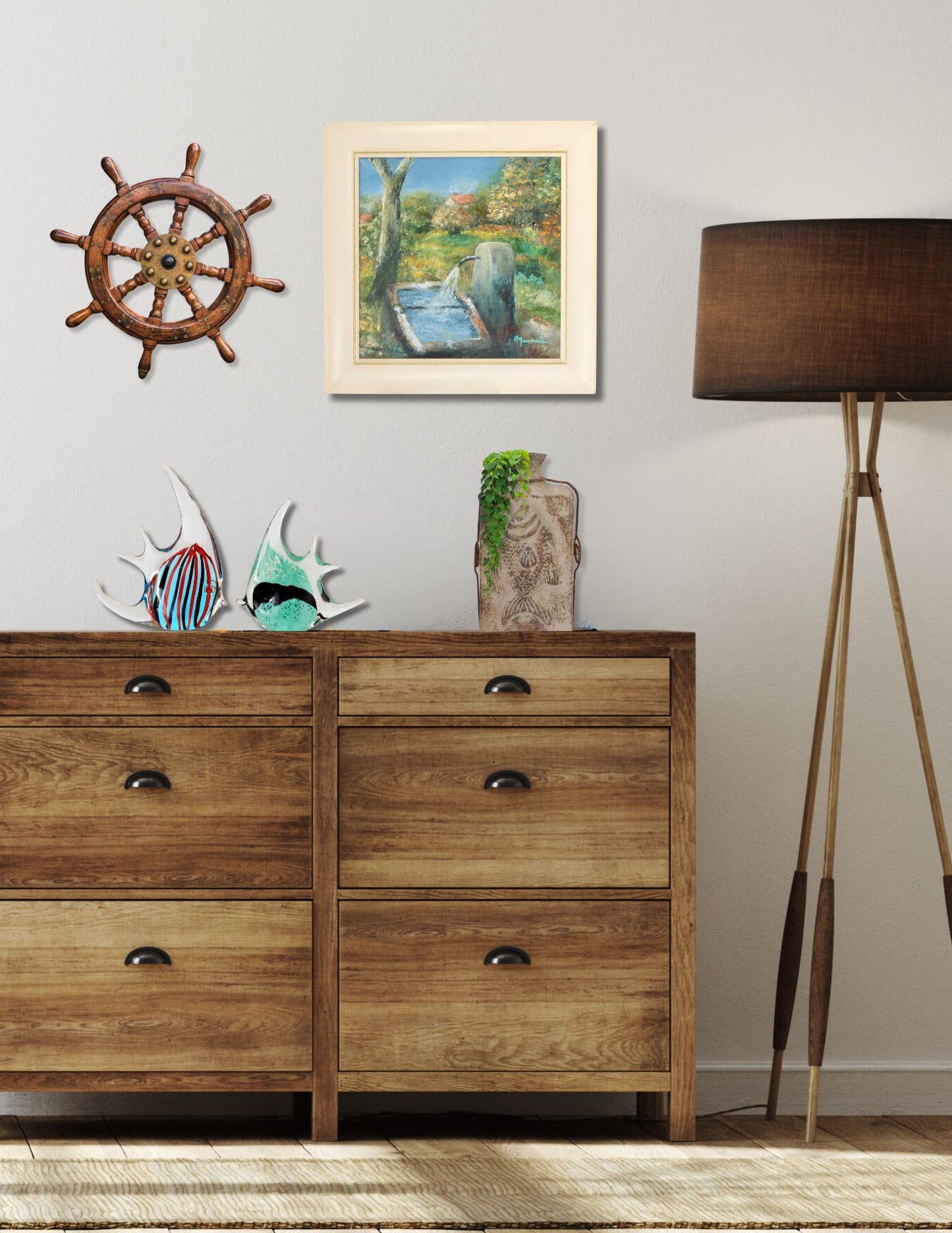 Vintage French Village Fountain Oil Painting