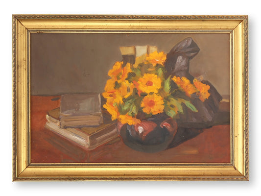1925 French Still Life Painting with Yellow Blossoms & Books