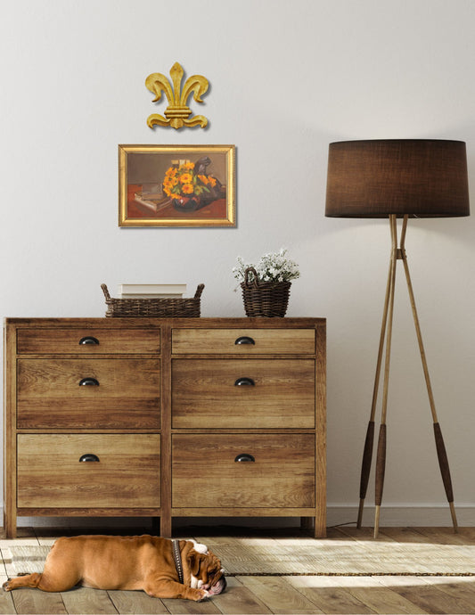 1925 French Still Life Painting with Yellow Blossoms & Books