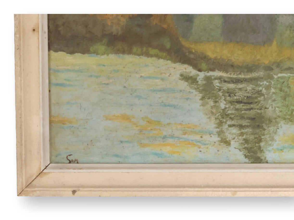 French Landscape Oil Painting with Farmhouse and River