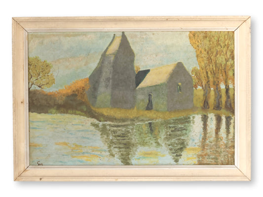 French Landscape Oil Painting with Farmhouse and River