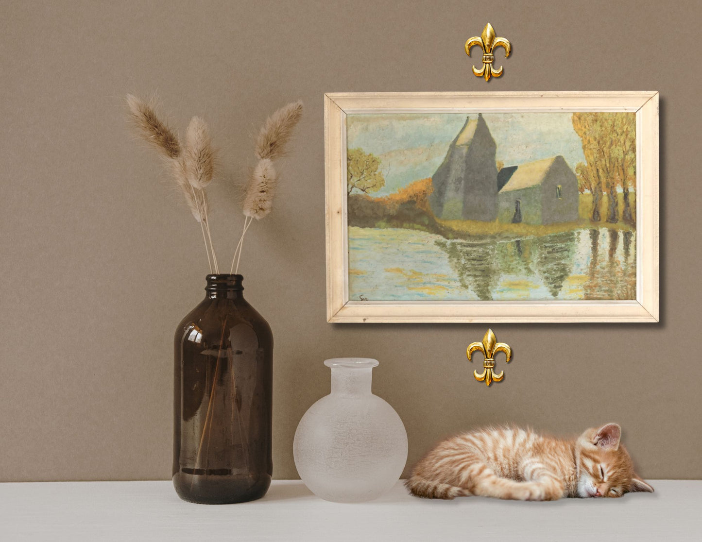 French Landscape Oil Painting with Farmhouse and River