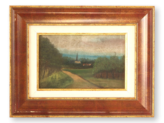 Antique French Village Church Painting