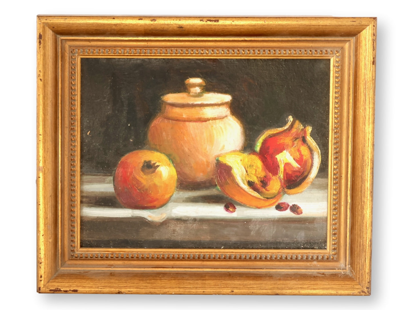Oil Still Life of Pomegranates w/ Lidded Jar