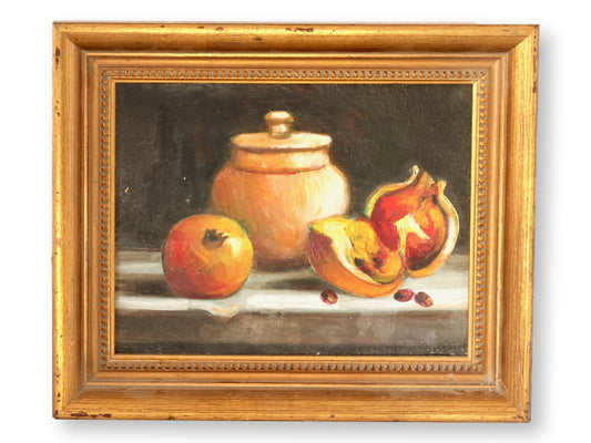 Oil Still Life of Pomegranates w/ Lidded Jar