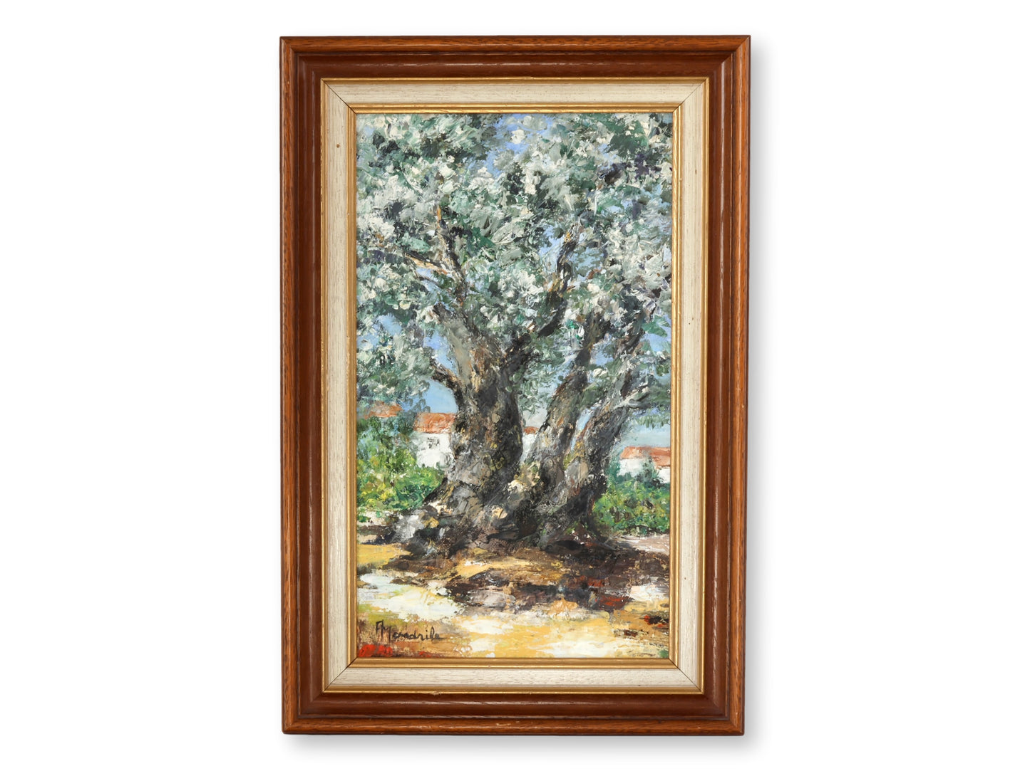 French Oil Painting of Flowering Tree in Provençal Landscape
