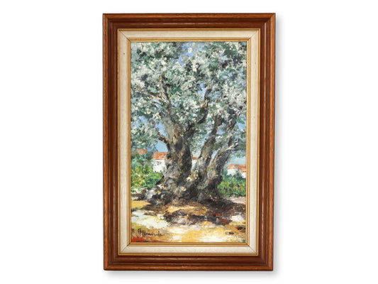 French Oil Painting of Flowering Tree in Provençal Landscape