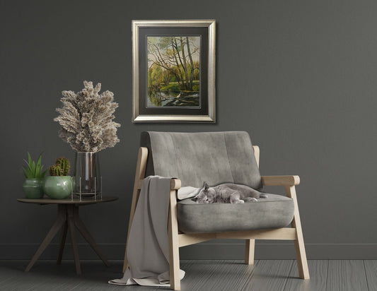 Early 20th-Century French Oil on Board Quiet Riverbank Landscape