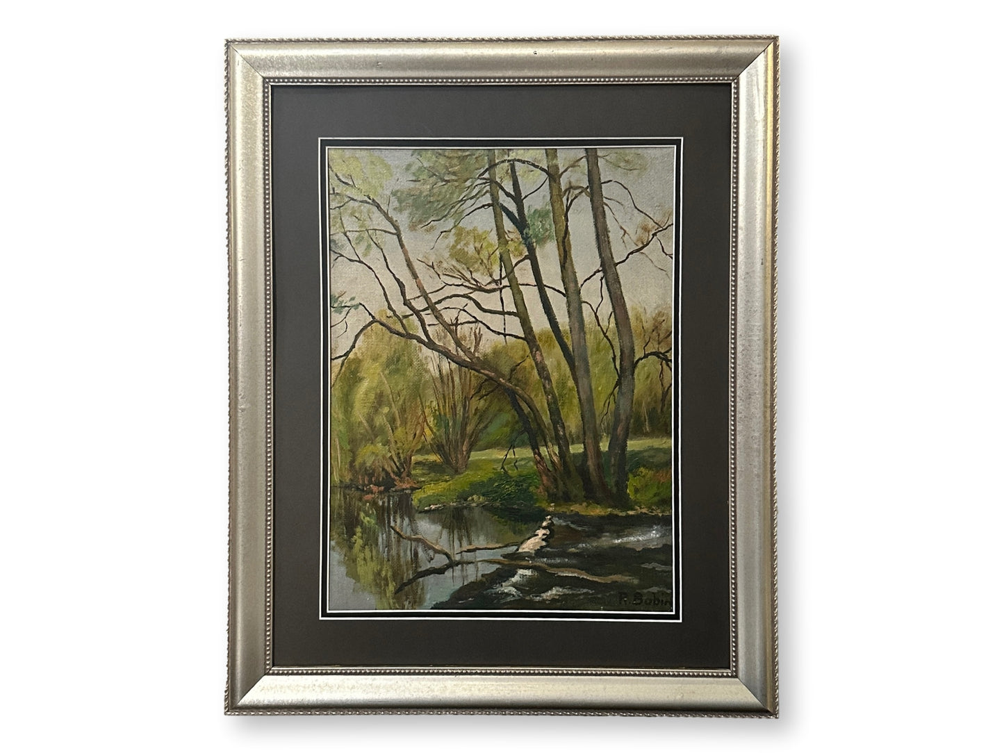 Early 20th-Century French Oil on Board Quiet Riverbank Landscape