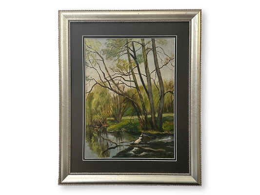 Early 20th-Century French Oil on Board Quiet Riverbank Landscape