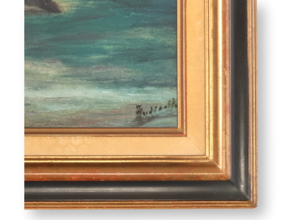 Atmospheric French Rocky Coast Painting