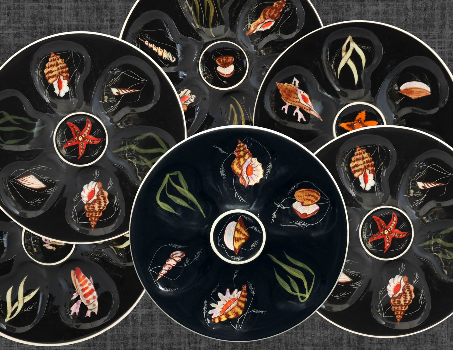 Quimper Guy Trévoux Black Oyster Plates, Set of 6