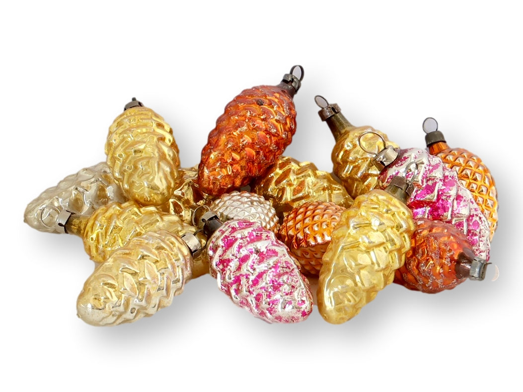 Midcentury Mercury Glass Pinecone Ornaments, Set of 15