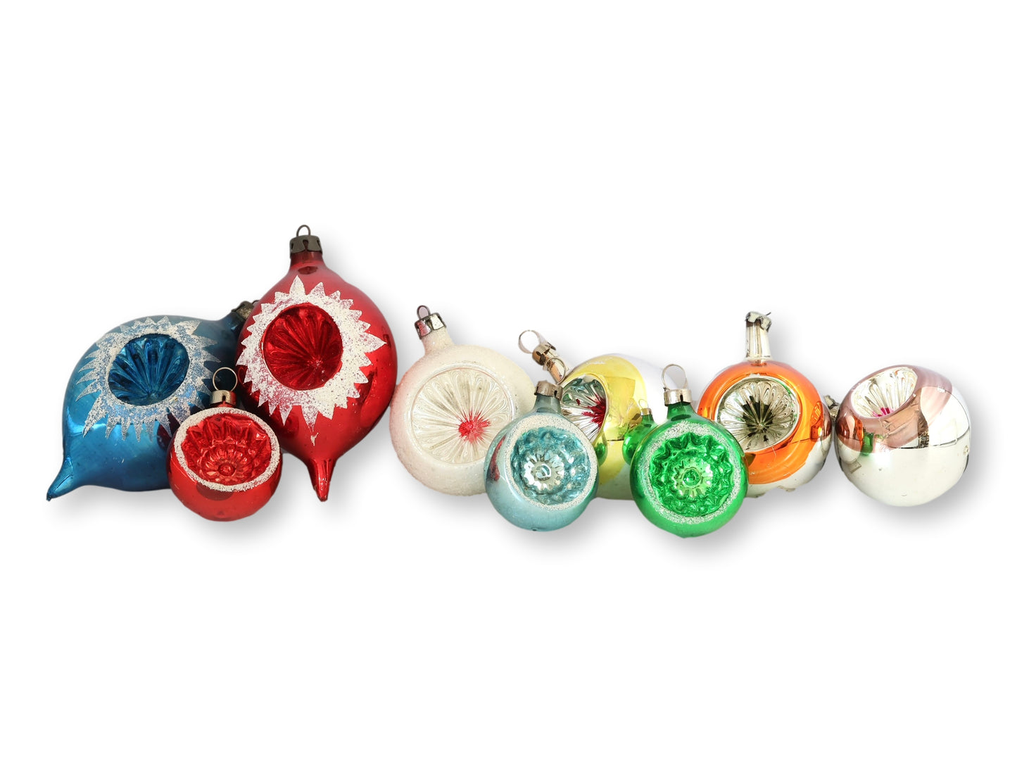 Midcentury Mercury Glass Ornaments, Set of 9