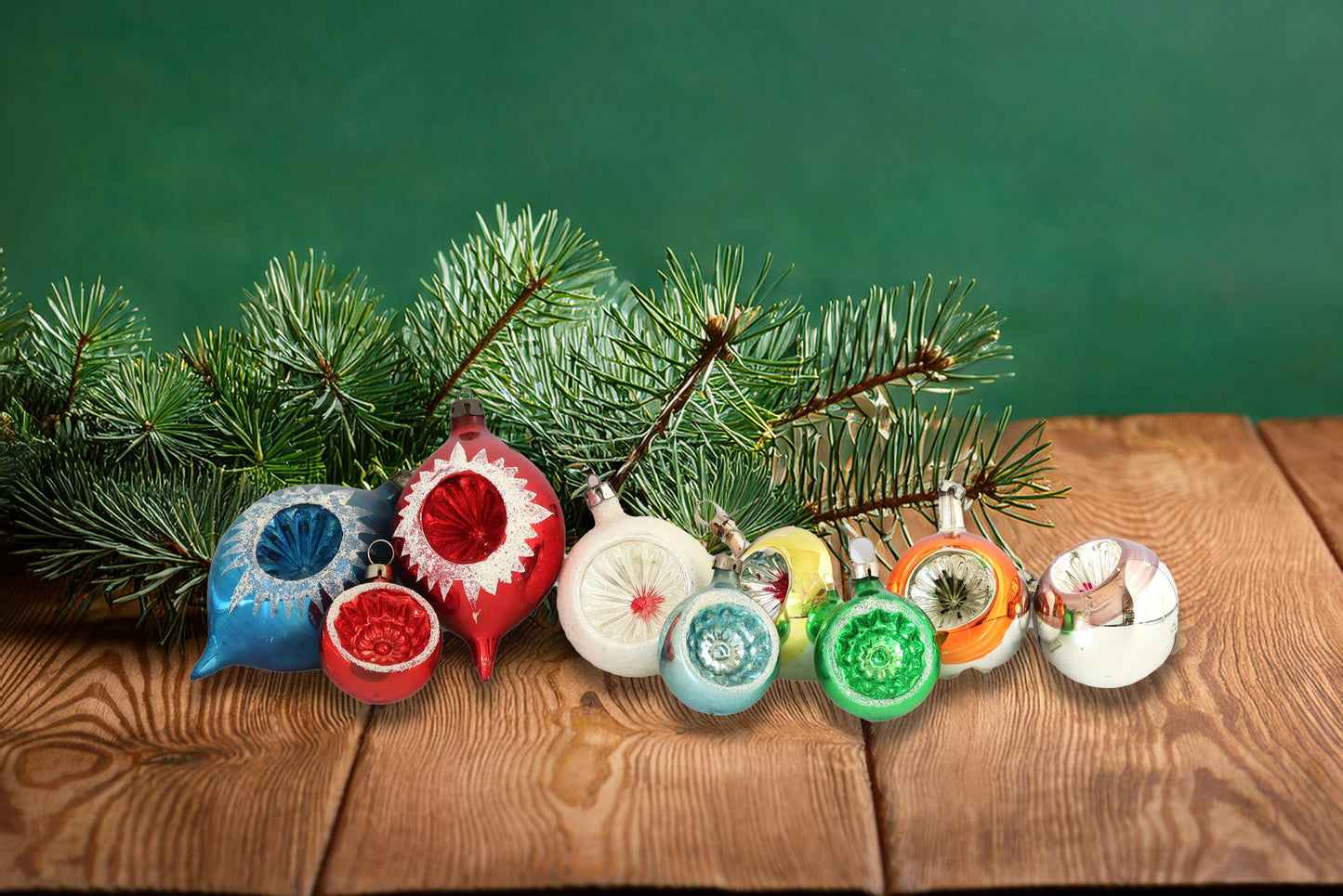 Midcentury Mercury Glass Ornaments, Set of 9