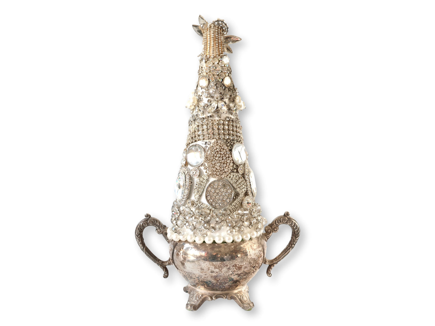 Midcentury Jewelry Christmas Tree w/ Silver Sugar Bowl Base