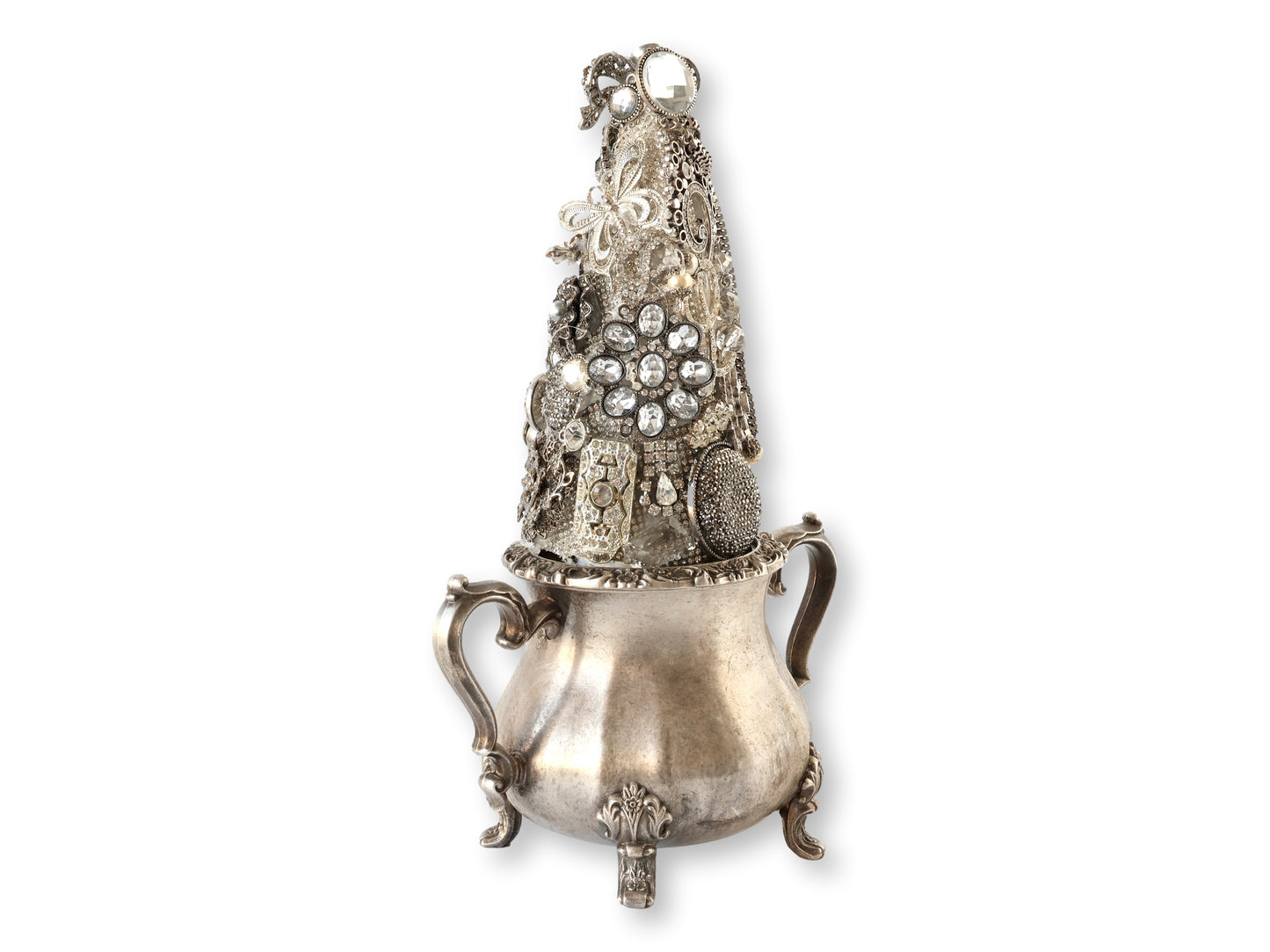 Midcentury Jewelry Christmas Tree w/ Silver-Plate Sugar Bowl