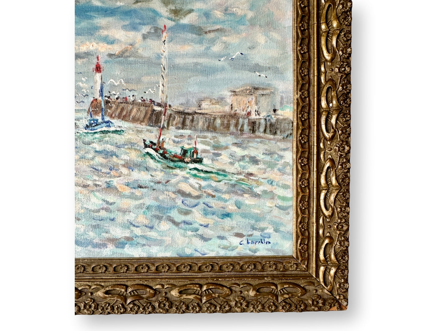 Midcentury French Coastal Harbor Impressionist Style Painting
