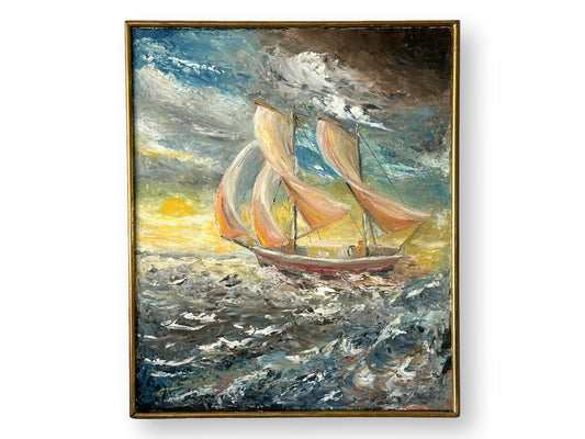Midcentury French Sailboat on Rough Seas Framed Painting