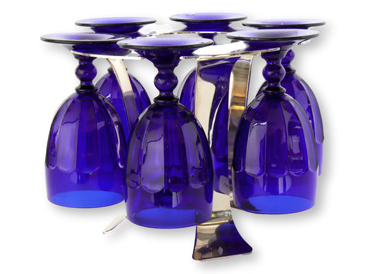 English Silver-Plate Art Deco Style Glassware Rack & Glasses