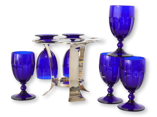 English Silver-Plate Art Deco Style Glassware Rack & Glasses