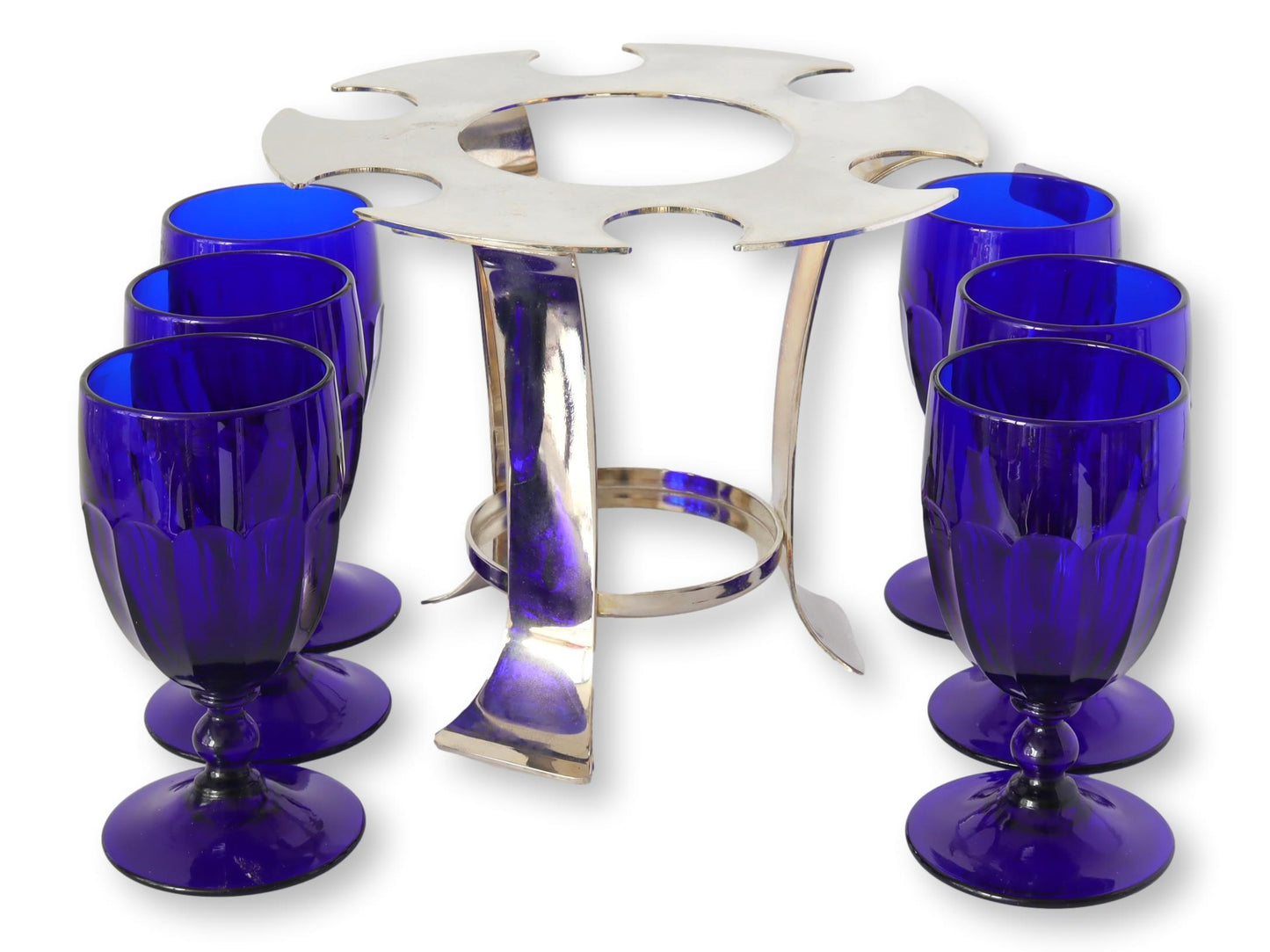 English Silver-Plate Art Deco Style Glassware Rack & Glasses