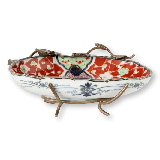 Antique Japanese Imari Bowl w/ Bronze Ivy Stand