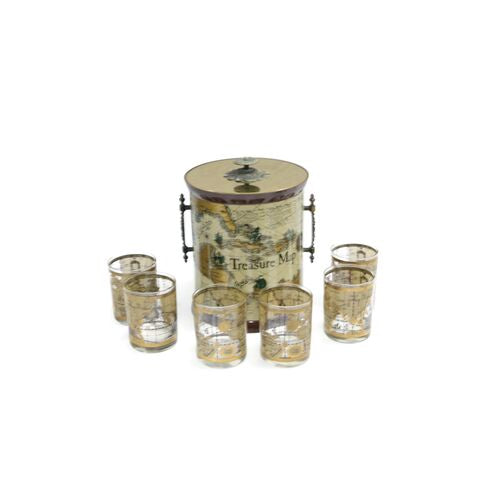 1960s Treasure Map Beverage Set | Ice Bucket w/ 6 Low Ball Glasses