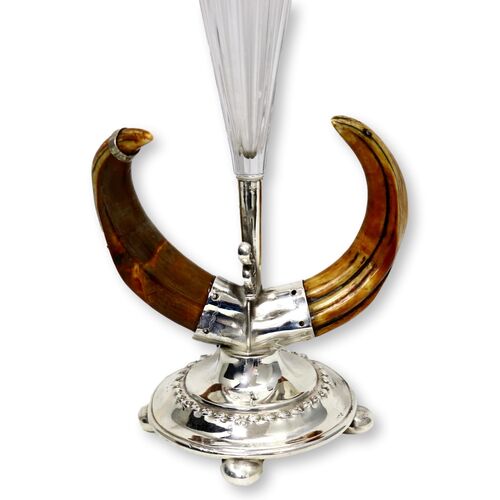 Antique Stag Horn & Silver-Plate Trumpet Vase