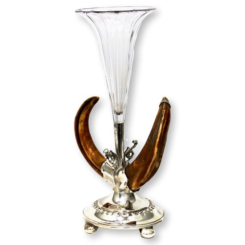Antique Stag Horn & Silver-Plate Trumpet Vase