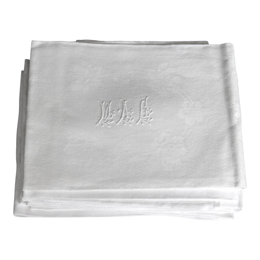 1920s French White Linen Dinner Napkins, w/ Hand-Stitched "M A G" Monogram, Set of 12