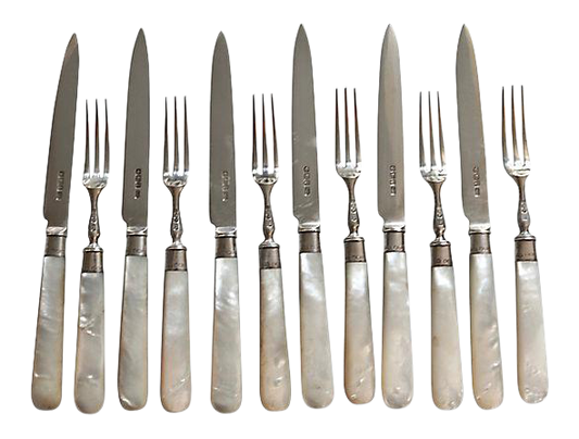Dated 1928 English Sterling & Mother of Pearl Cutlery Set, Service for Six