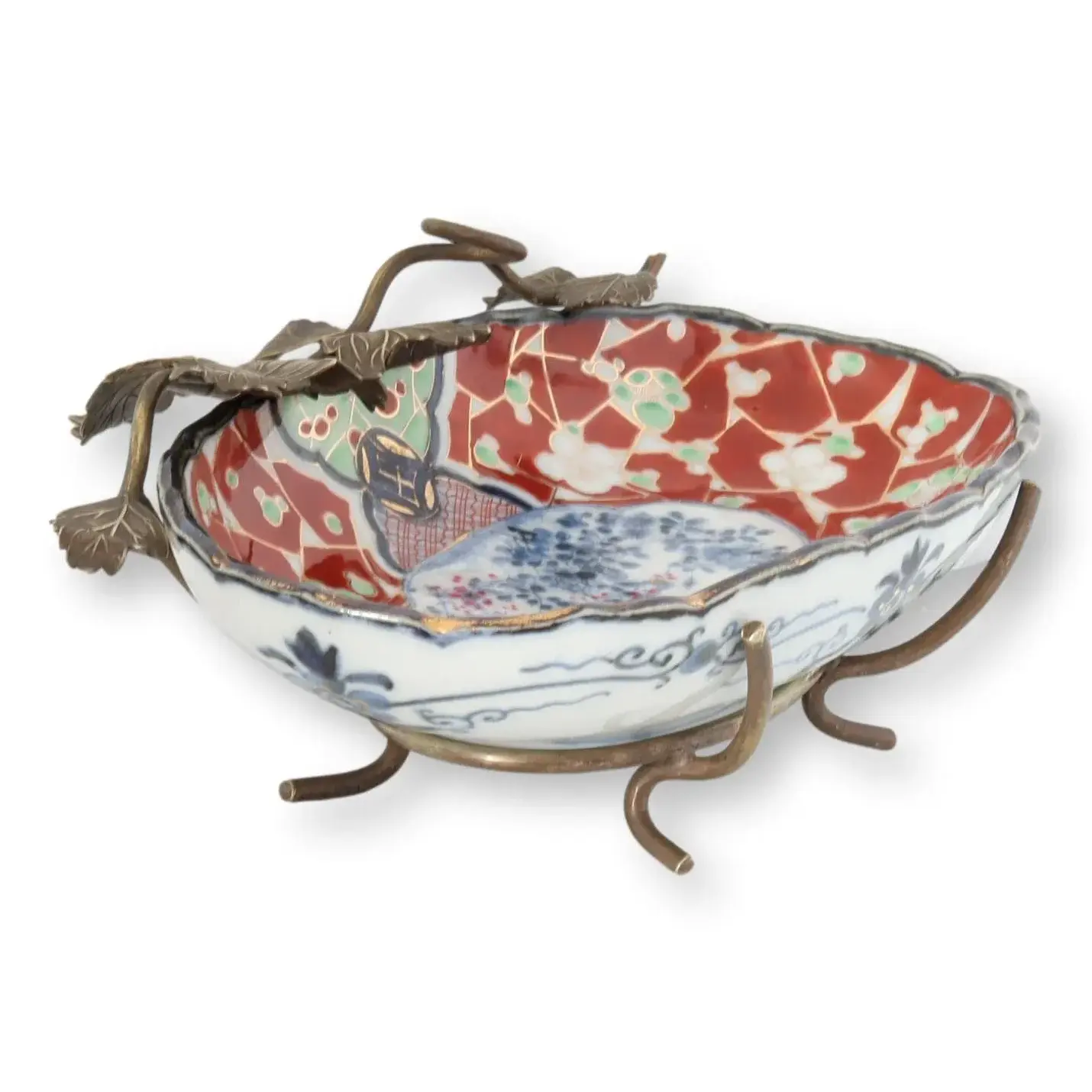 Antique Japanese Imari Bowl w/ Bronze Ivy Stand