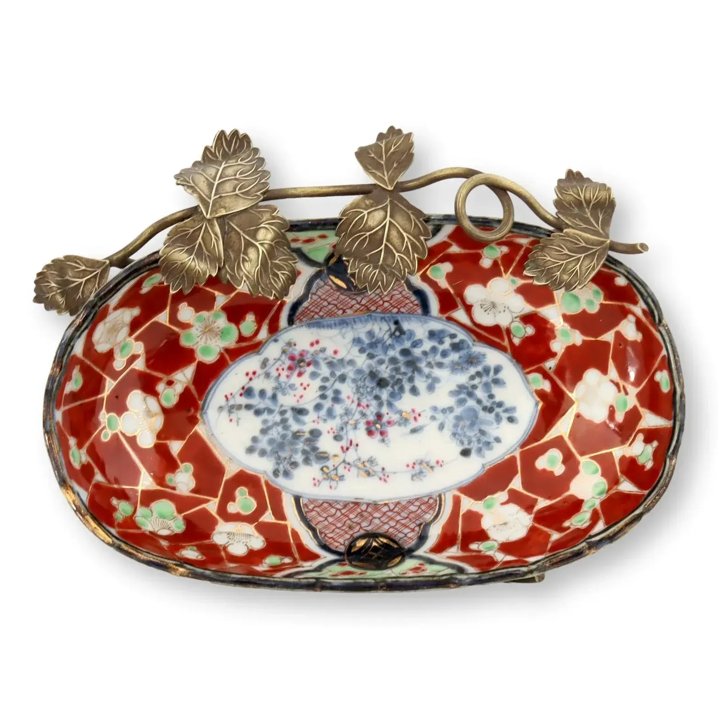 Antique Japanese Imari Bowl w/ Bronze Ivy Stand