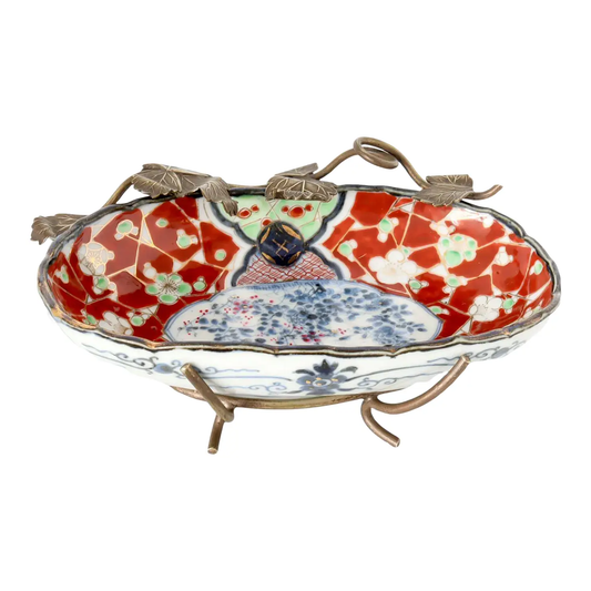 Antique Japanese Imari Bowl w/ Bronze Ivy Stand