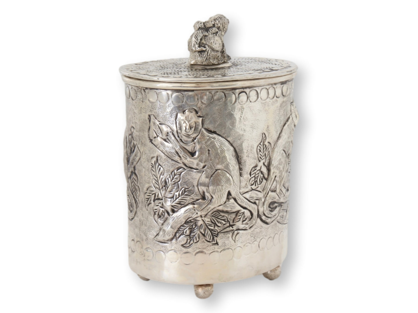 Repoussé Silver-Plate Canister w/Monkeys