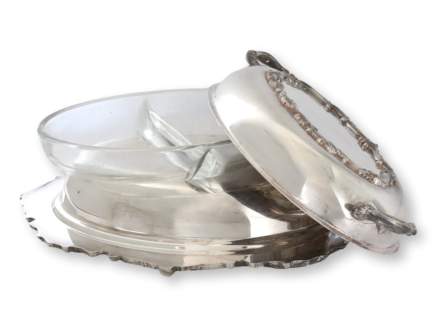 Versatile English Silver-Plate Serving Dish w/Glass Insert