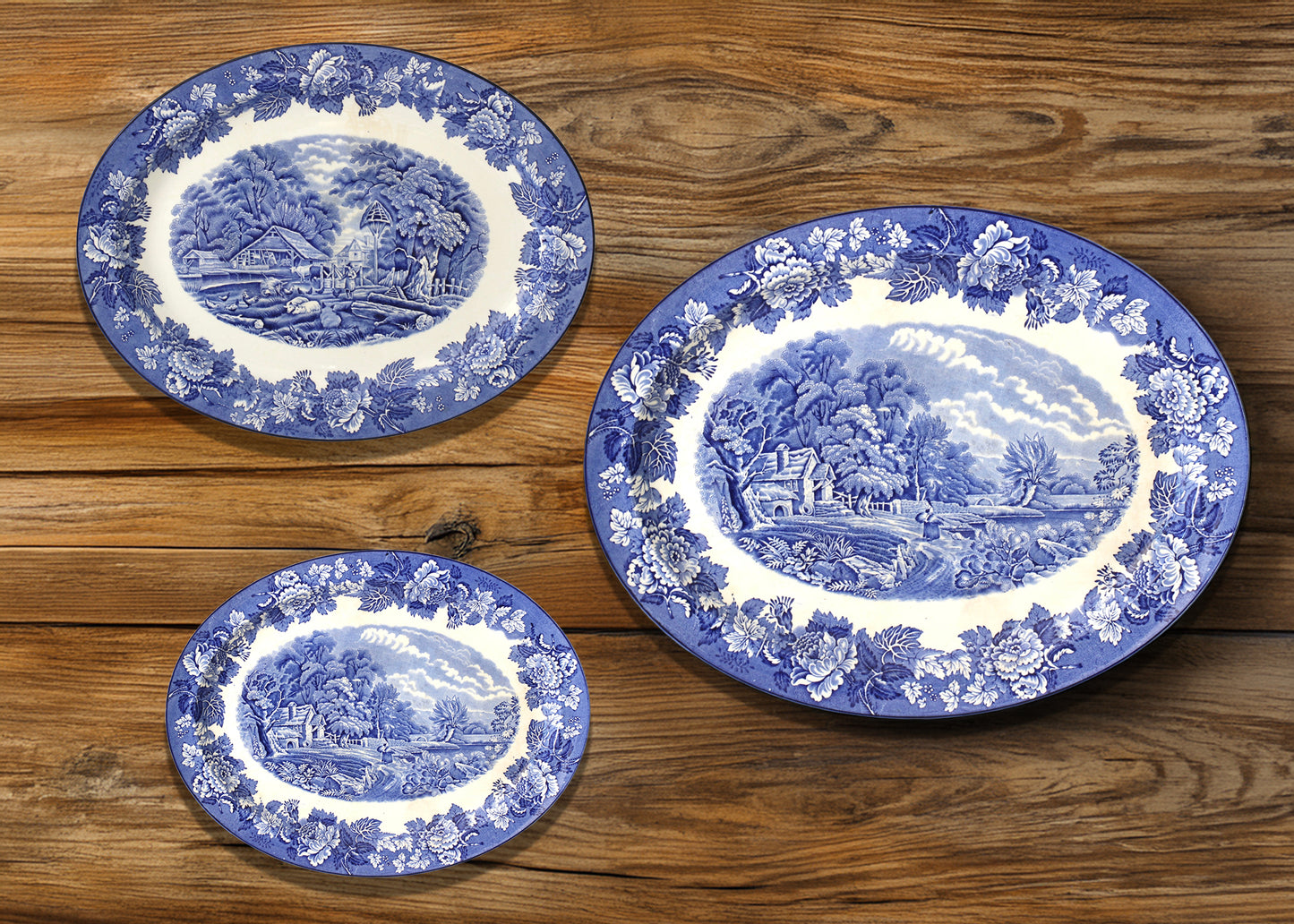 English Blue & White Woodland Pattern Platter Set