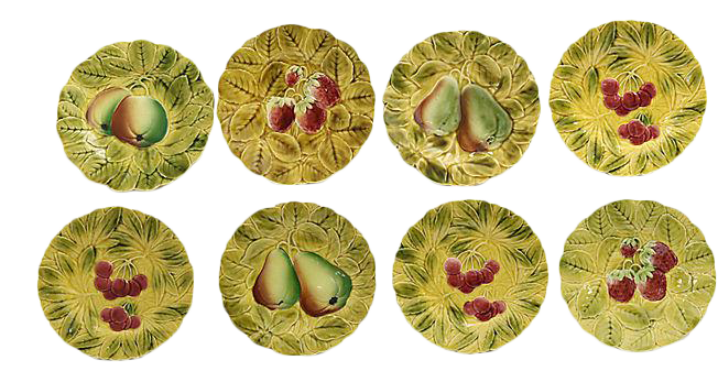 1930s French Majolica Fruit Plates, Set of 8