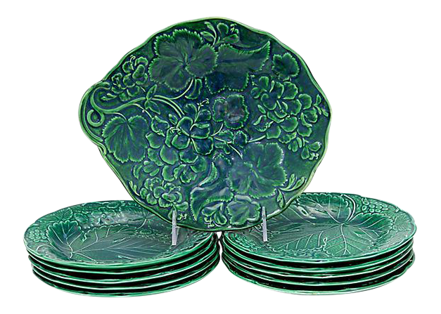 C. 1900s Majolica Geranium Serving Set, 11 Pieces