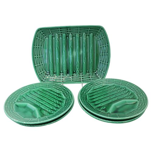 Midcentury French Majolica Asparagus Set, 5 Pieces