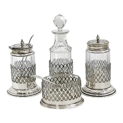 Midcentury English Silver-Plate Cruet Set, 6 Pieces