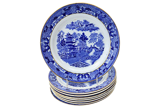English Blue Willow Luncheon Plates, Set of 8