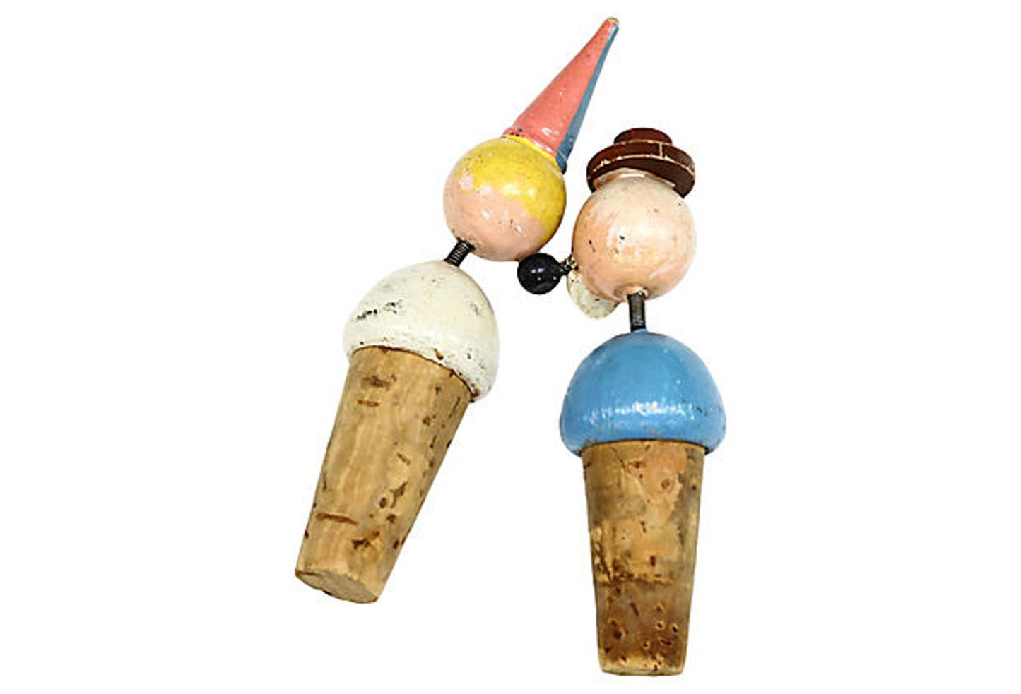 Midcentury Folk Art Bottle Stoppers, a Pair