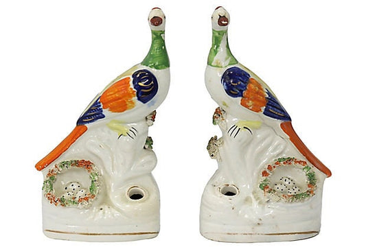 19th Century Staffordshire Peacock Inkwells, C. 1860