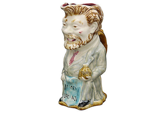 Antique French Majolica Political Jug by Frie Onnaing, Charles Camille Pelletan